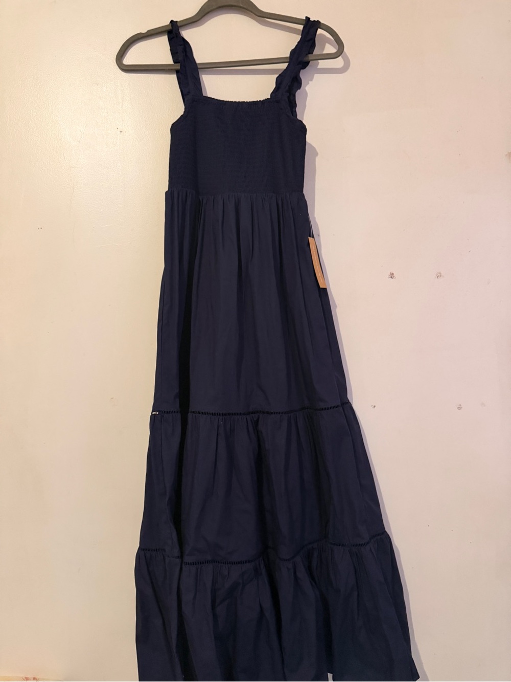 O.P.T Navy Smocked Tiered Cotton Dress with Ruffle Straps Colette Size S
